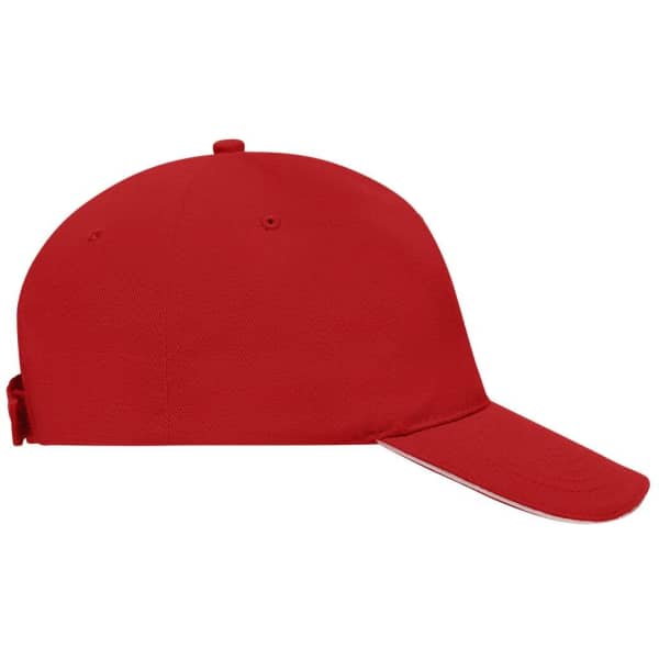 A red 5 panel sandwich cap with a curved brim and an adjustable strap at the back. Features a logo.
