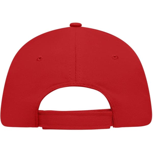 A red 5 Panel Sandwich Cap featuring a solid design and a back adjustable strap. It includes a logo on the side.