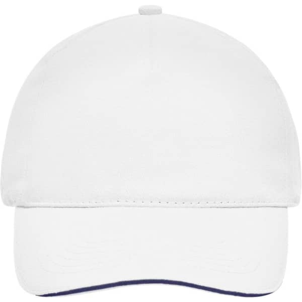A white 5 panel sandwich cap with a curved brim and a branding logo on the front.