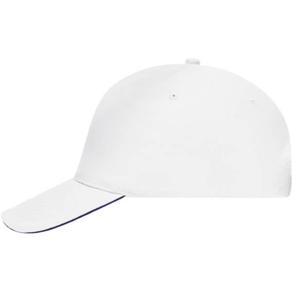 A white 5 panel sandwich cap with a contrasting trim and an adjustable strap at the back. It features a logo.