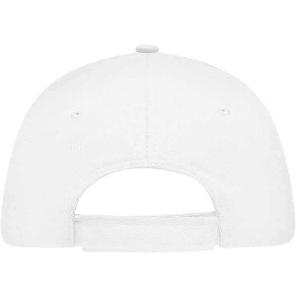 A white 5 panel sandwich cap featuring a flat brim and an adjustable strap at the back. It has a logo on the side.