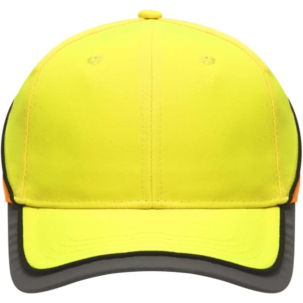 A neon yellow cap with an orange trim, featuring a logo on the front.