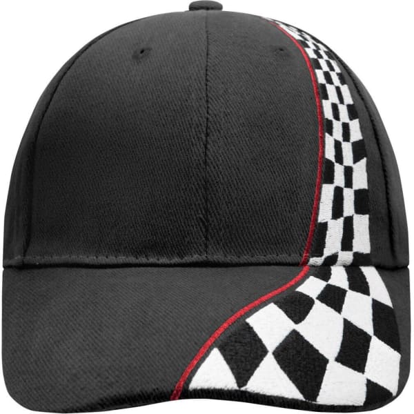 A black racing cap featuring a checkered pattern and a red accent along the side, with a logo present.