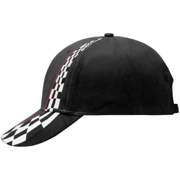 A black racing cap featuring a checkered pattern along the side and a curved visor. It has a logo on the front.