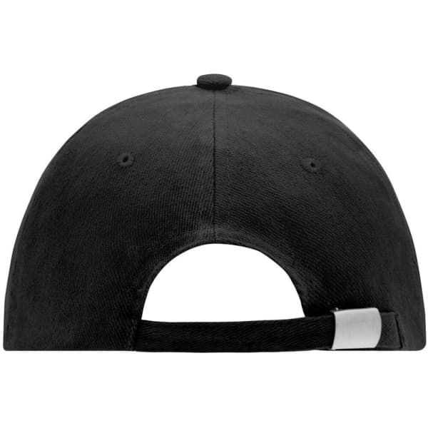 A black racing cap with a curved peak and an adjustable strap at the back. It features a logo.