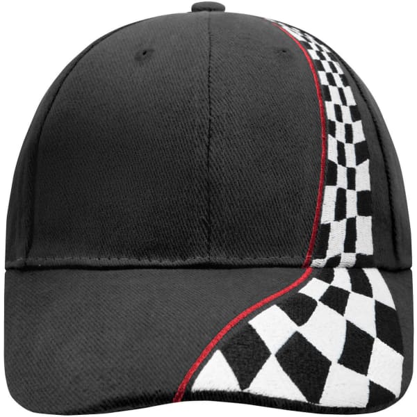 A black racing cap featuring a checkered flag design and a red accent along the side. It has a logo on the front.