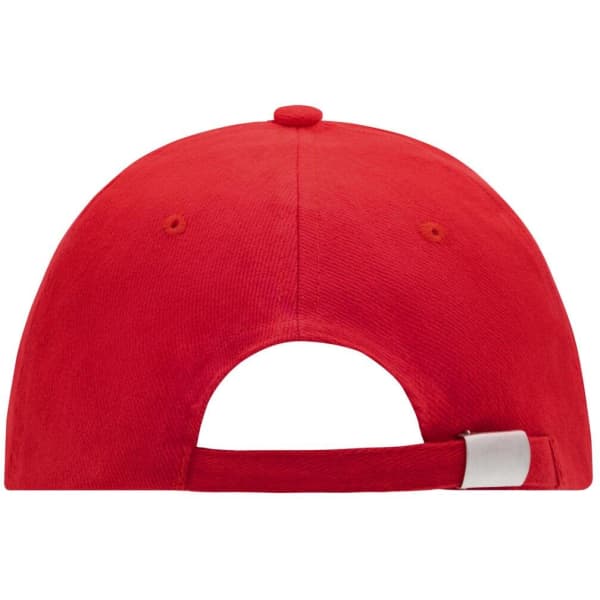 A red racing cap featuring a fitted back and an adjustable strap with a logo on the side.