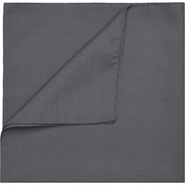 A grey bandana folded neatly, showing a smooth texture and a subtle sheen. Includes a logo in the corner.
