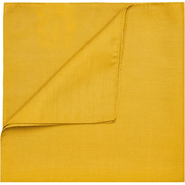 A yellow bandana, folded neatly with a smooth texture, featuring a subtle sheen. It has a branding logo.