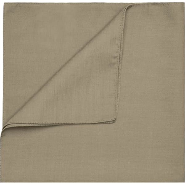 A beige bandana with a folded corner, featuring a smooth fabric texture. It has a subtle sheen and includes a logo.