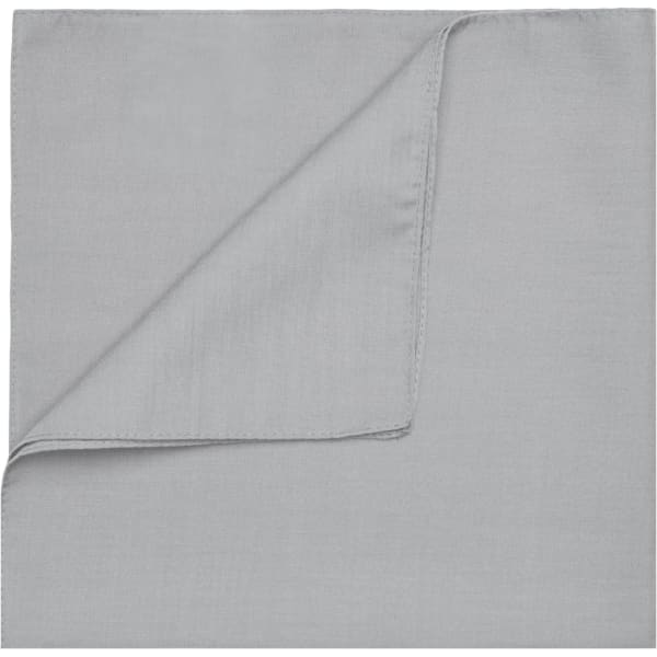 A grey bandana folded neatly with a smooth texture, featuring a subtle sheen. It includes a logo in the corner.