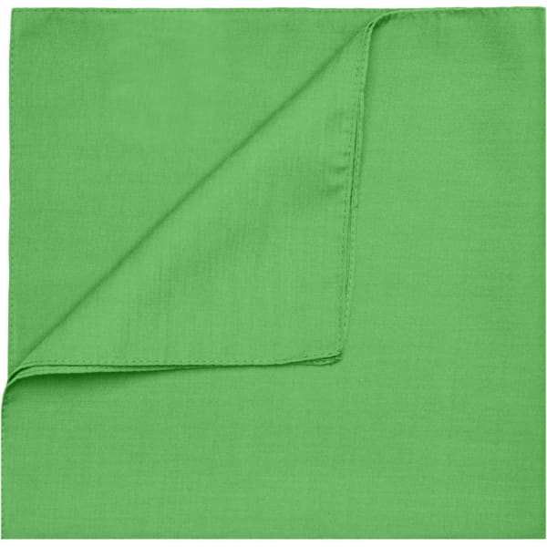 A bright green bandana with a smooth texture, featuring a folded corner. It has a simple design and a logo.