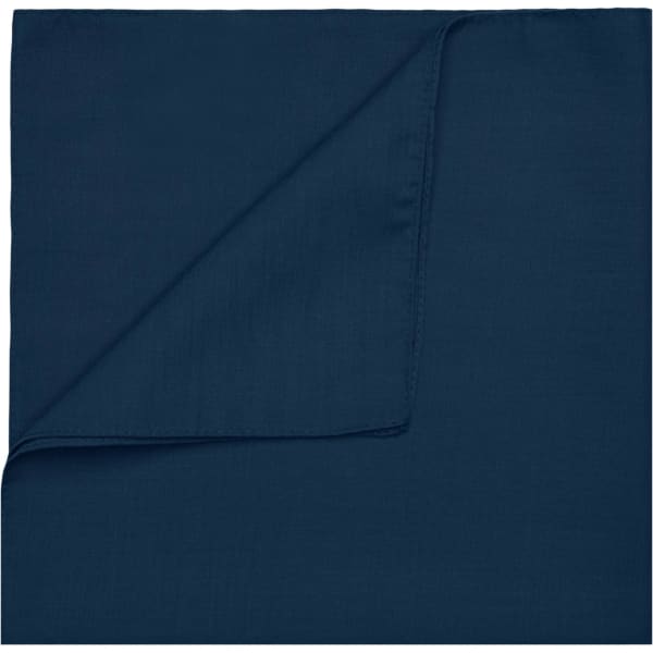 A navy blue bandana with a folded corner, featuring a simple design and a smooth texture.