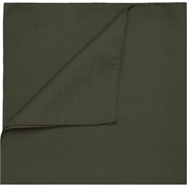 A green bandana with a smooth texture, folded at one corner. It features a logo in one area.