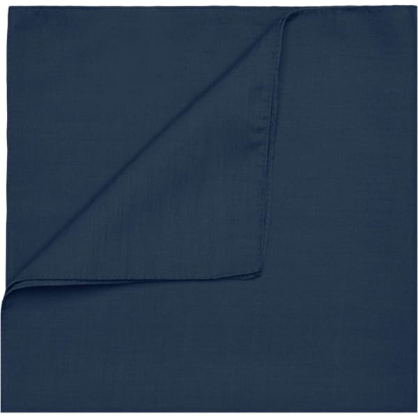 A navy blue bandana with a smooth texture, featuring a folded corner. It has a logo on one side.