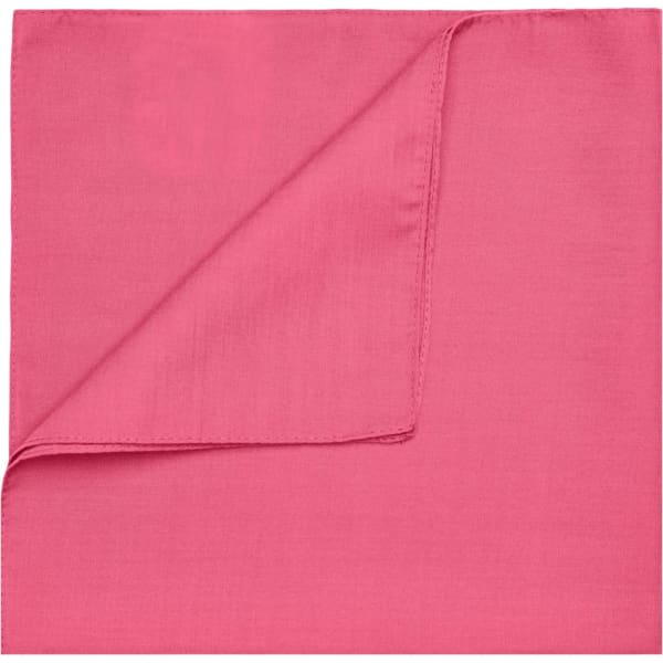 A pink bandana with a folded corner, made of soft fabric. It features a logo in the corner.