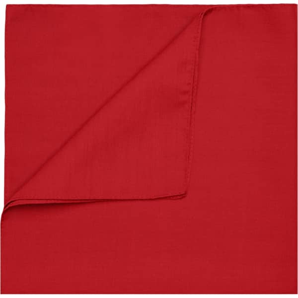 A red bandana folded with a smooth texture, displaying a single colour without patterns. It features a logo.