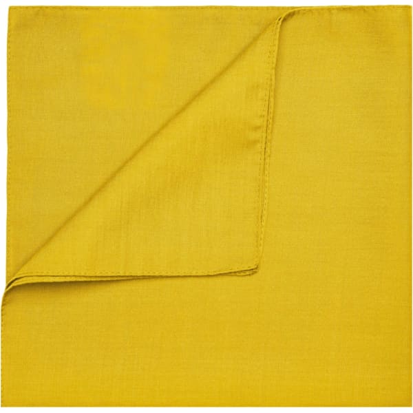A yellow bandana displayed flat, featuring a textured fabric and a folded corner. It has a simple design with no logos.