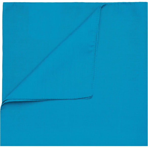 A turquoise bandana folded in half, featuring a smooth fabric texture. It has a simple design with no visible patterns.