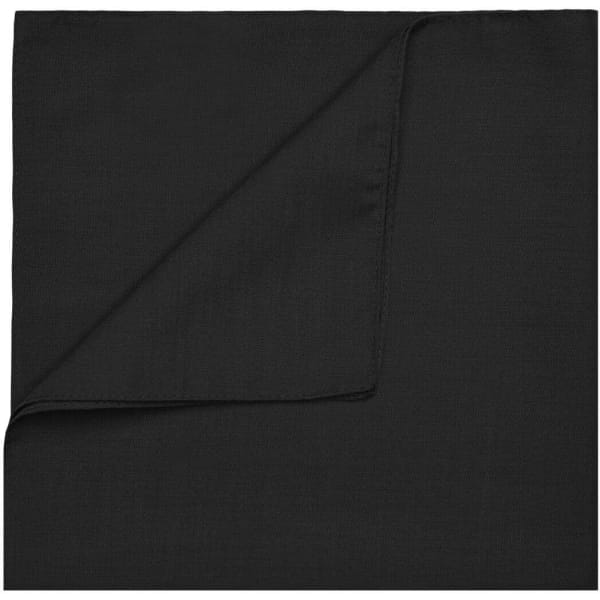 A black bandana made of fabric with a neatly folded corner. It features a logo.