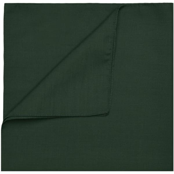 A dark green bandana displayed flat with one corner folded over. The fabric has a smooth texture and is plain.