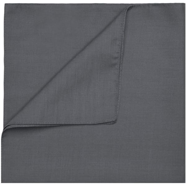 A grey bandana with a smooth texture, featuring a fold in one corner. It has a branding logo present.
