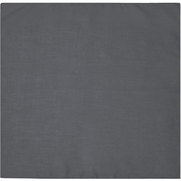 A grey bandana, featuring a simple design, is displayed flat. It has a logo in one corner.
