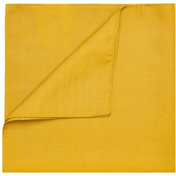 A mustard yellow bandana with a folded edge, featuring a plain design without any visible logos.