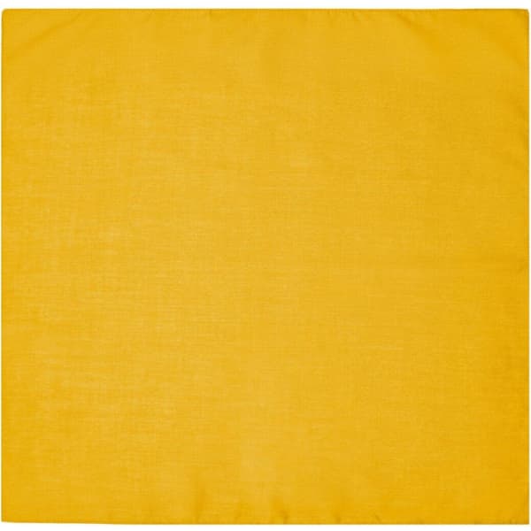 A yellow bandana featuring a simple design, made from soft, lightweight fabric. It includes a logo.