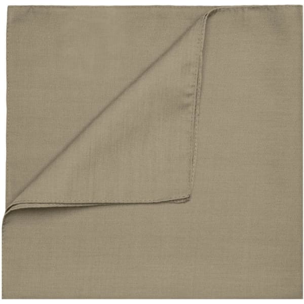 A bandana in a muted beige colour, featuring a smooth, folded texture and a simple branding logo.