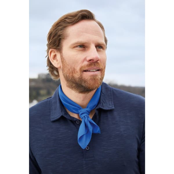 A blue bandana worn around the neck of a man with a light beard, set against a cloudy backdrop.