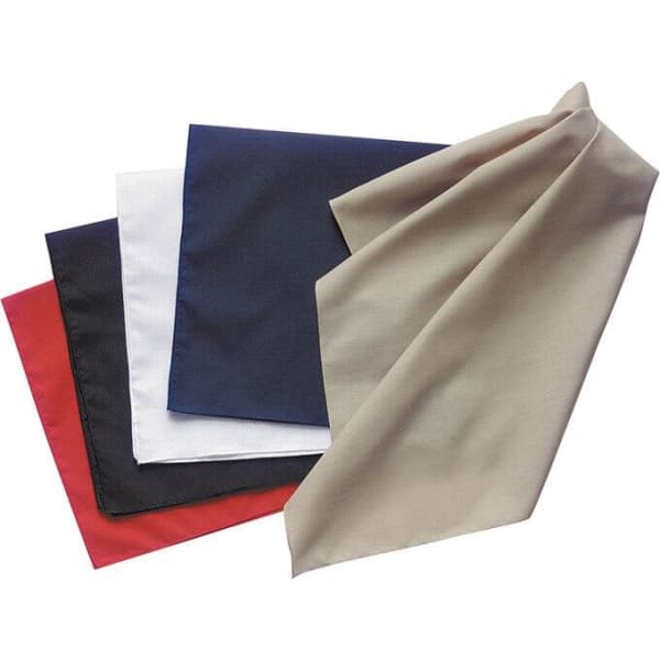A collection of four bandanas in red, black, white, navy, and beige, arranged in a cascading display.