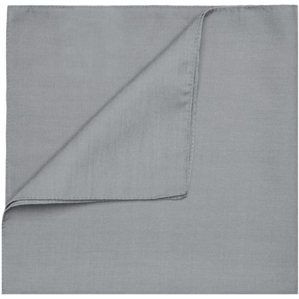A grey bandana featuring a smooth fabric. The item has a folded corner and includes a logo.