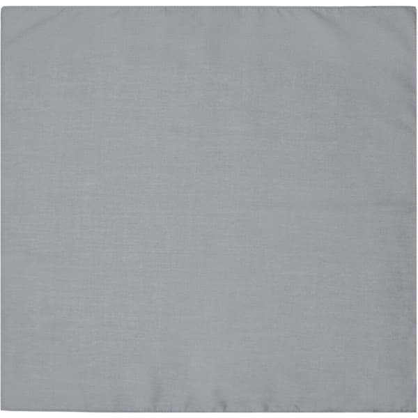 A grey bandana featuring a simple design, suitable for headwear. It has a logo in one corner.