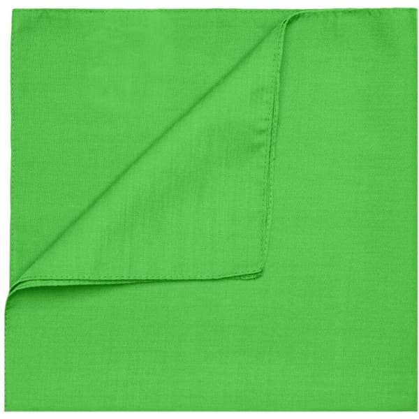A bright green bandana with a smooth finish, featuring a folded corner. It has a simple design and no visible logos.