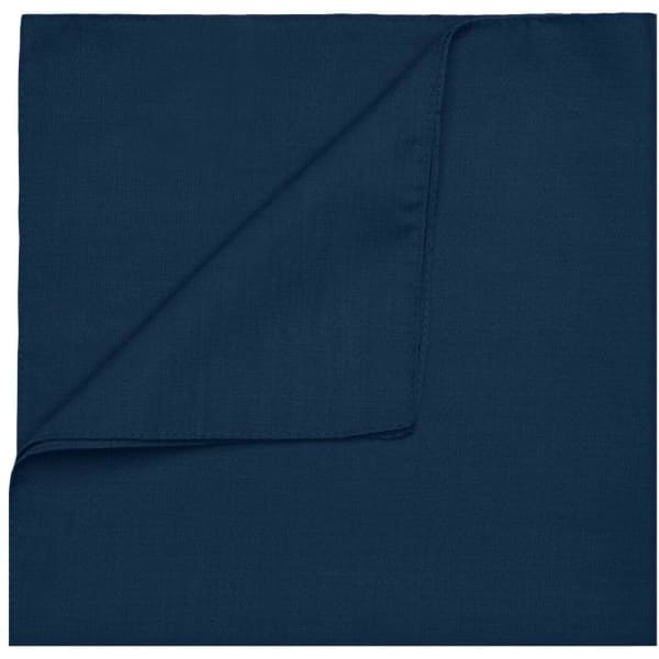 A navy blue bandana with a folded edge and a plain design. It features a logo in one corner.