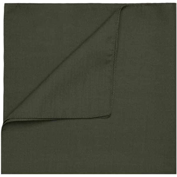A dark green bandana with a smooth texture and a folded corner, featuring a branding logo.