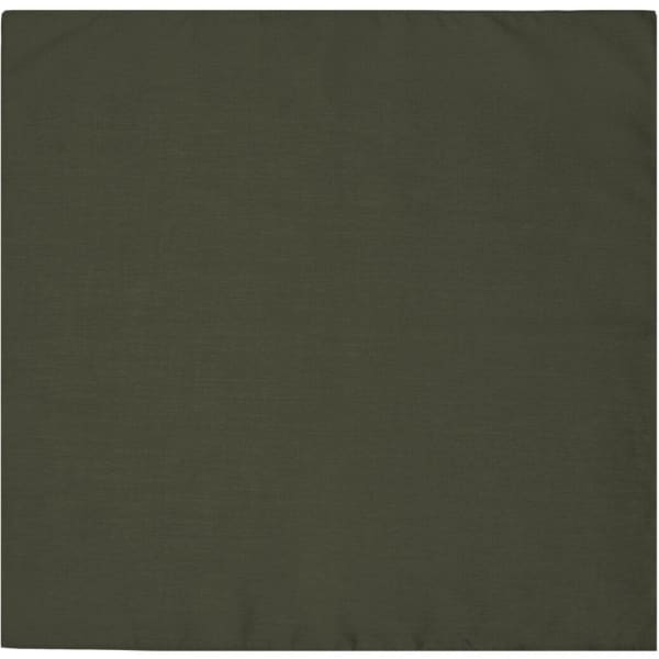 An olive green bandana featuring a plain design and a logo in one corner.