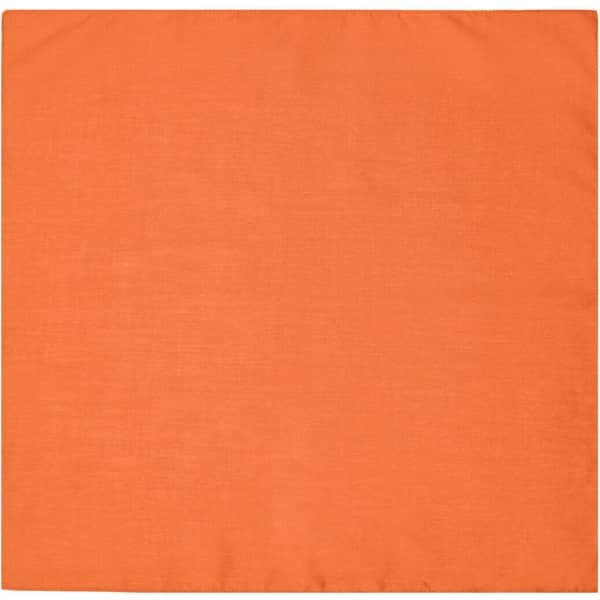 An orange bandana displayed flat, featuring a simple, solid colour design. It has a logo in one corner.