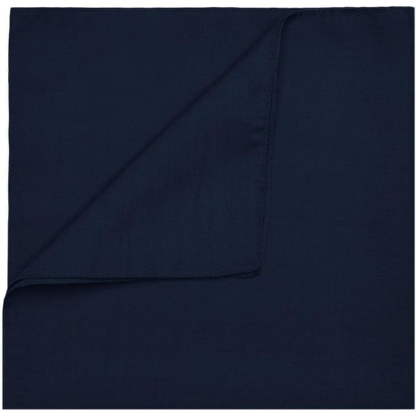A navy blue bandana with a folded corner, featuring a logo on the surface.