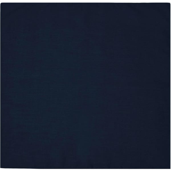 A navy blue bandana, square in shape, featuring a simple design and a logo in one corner.