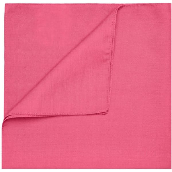 A pink bandana featuring a smooth, folded design with a subtle texture. It has a branding logo in one corner.