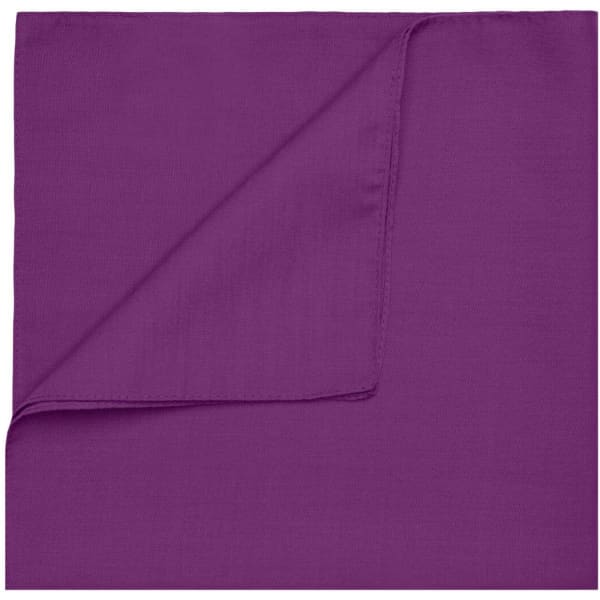 A square purple bandana made from fabric, featuring a folded corner. It has a logo on one side.