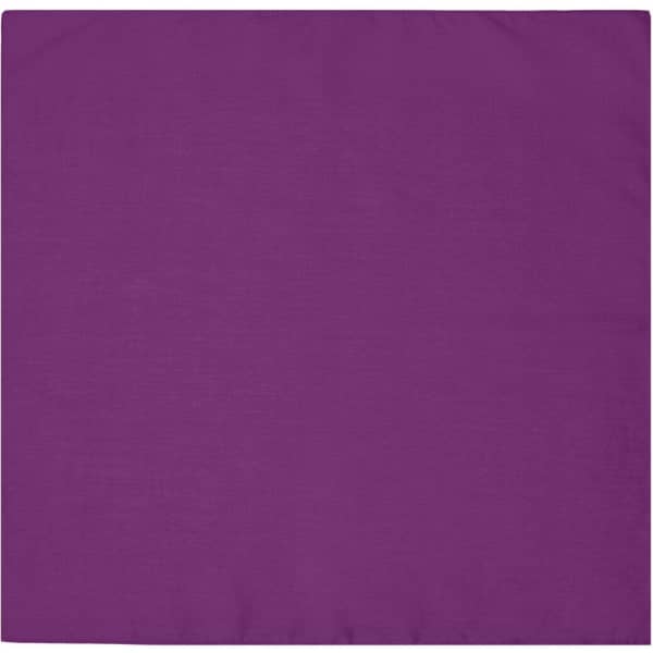 A purple bandana made of fabric, featuring a logo in the corner.
