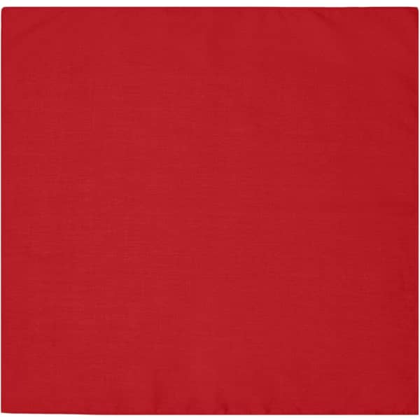 A red bandana with a square shape, featuring a logo. Suitable for headwear.