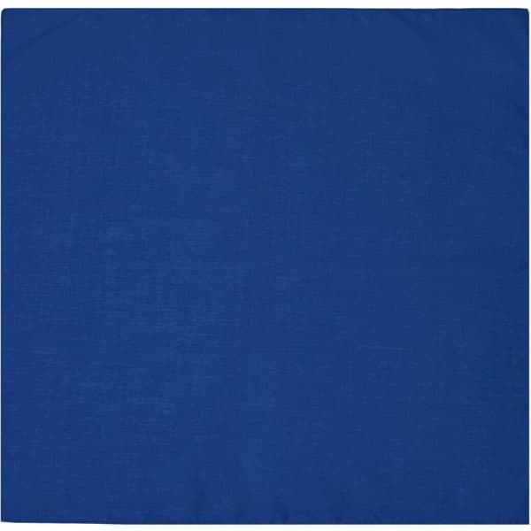 A blue bandana featuring a plain design, suitable for headwear with a simple logo present.