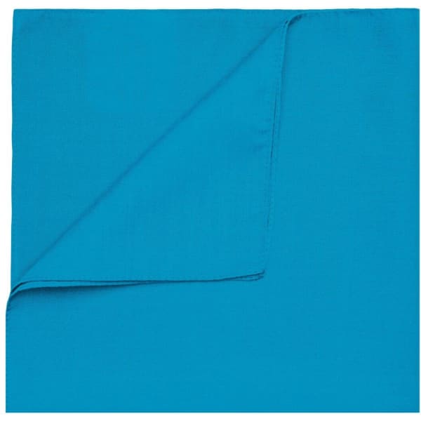 A turquoise bandana featuring a plain design, folded at one corner. It has a branding logo.