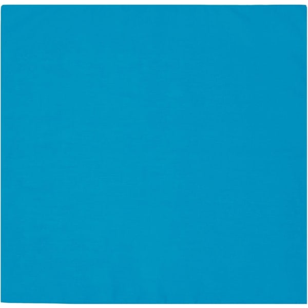 A bright blue bandana featuring a simple design and a logo in the corner. Ideal as headwear or an accessory.