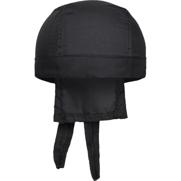 A black bandana hat with a rounded top and two long ties at the back. The hat features a simple design and branding.
