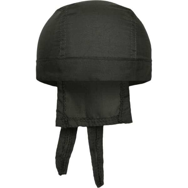 A black bandana hat with a rounded top and ties at the back. It has a simple, unbranded design.